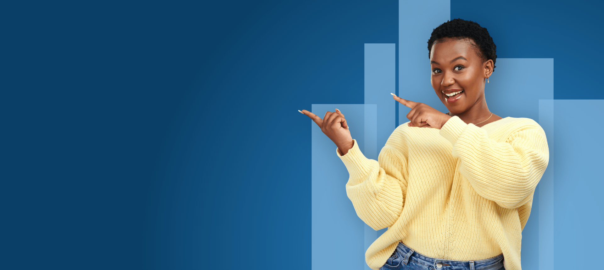 Girl in yellow showing something with finger