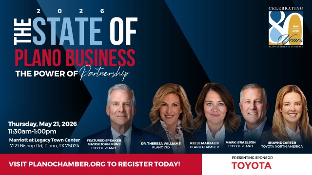 State of Plano Business speakers John B. Muns, Mayor of Plano, Mark Israelson, City Manager for the City of Plano, Dr. Theresa Williams, Superintendent of Plano ISD, Shayne Carter, Vice President, Human Resources, Toyota Motor North America, and Kelle Marsalis, President & CEO of the Plano Chamber of Commerce.
